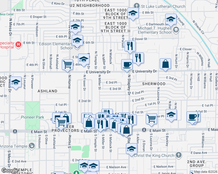 map of restaurants, bars, coffee shops, grocery stores, and more near 1043 East 3rd Street in Mesa