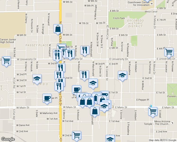 map of restaurants, bars, coffee shops, grocery stores, and more near 142 West 2nd Street in Mesa