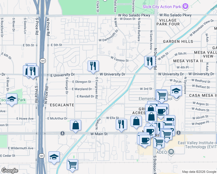 map of restaurants, bars, coffee shops, grocery stores, and more near 907 South Acorn Avenue in Tempe