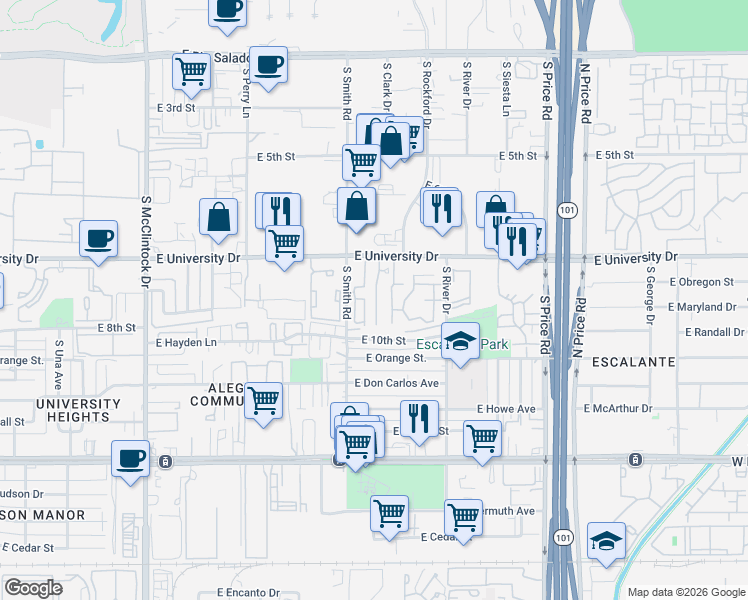 map of restaurants, bars, coffee shops, grocery stores, and more near 901 South Smith Road in Tempe
