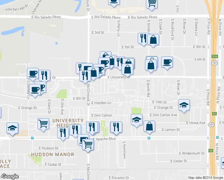 map of restaurants, bars, coffee shops, grocery stores, and more near 1864 East Kirkland Lane in Tempe