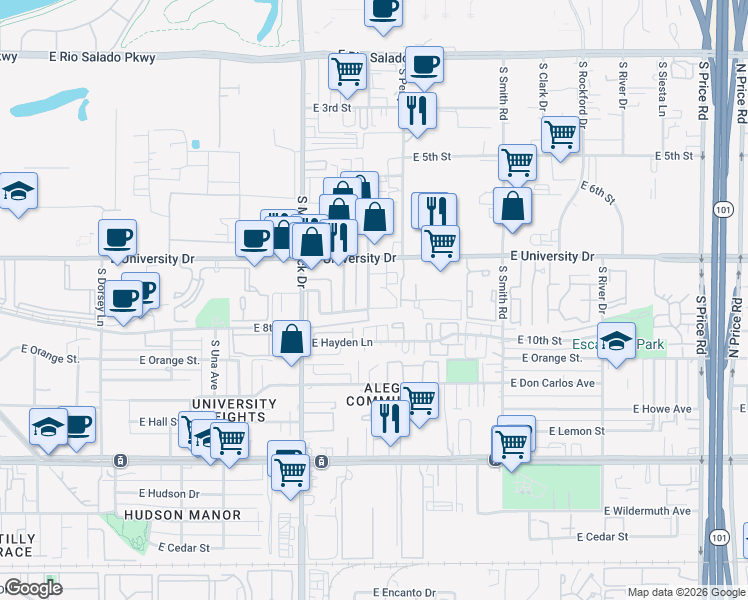 map of restaurants, bars, coffee shops, grocery stores, and more near 1851 East Kirkland Lane in Tempe
