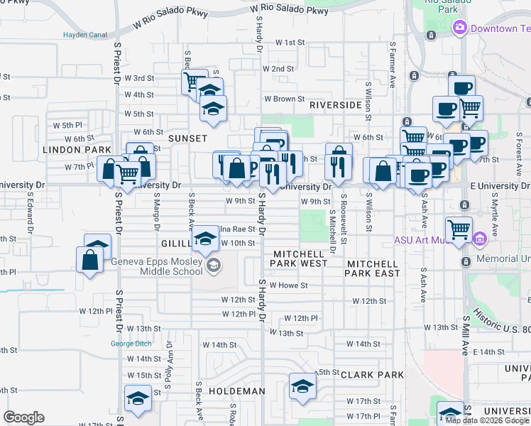 map of restaurants, bars, coffee shops, grocery stores, and more near 1004 West Elna Rae Street in Tempe