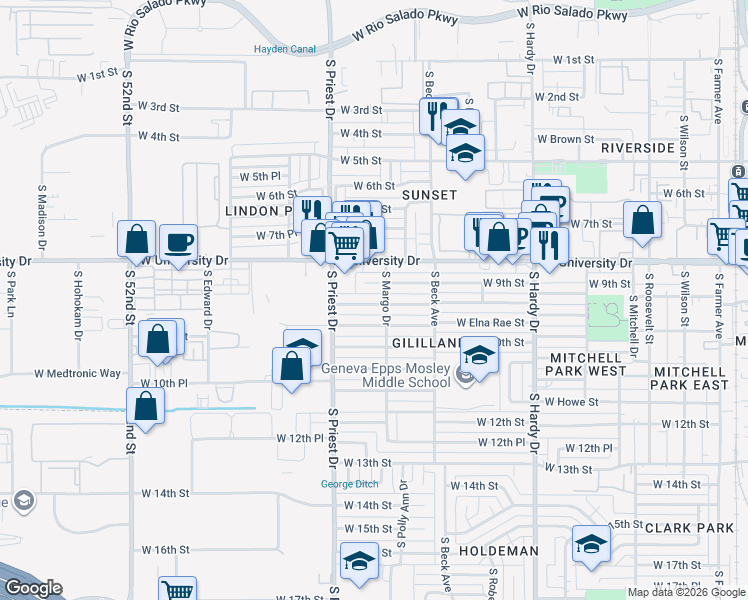 map of restaurants, bars, coffee shops, grocery stores, and more near 1246 West Elna Rae Street in Tempe
