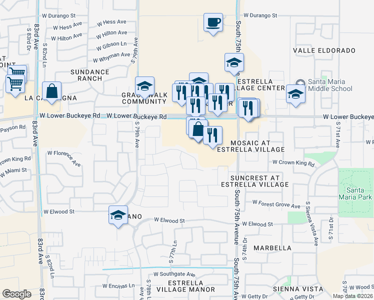 map of restaurants, bars, coffee shops, grocery stores, and more near 7625 West Lower Buckeye Road in Phoenix