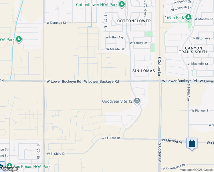 map of restaurants, bars, coffee shops, grocery stores, and more near 17301-17487 West Lower Buckeye Road in Goodyear