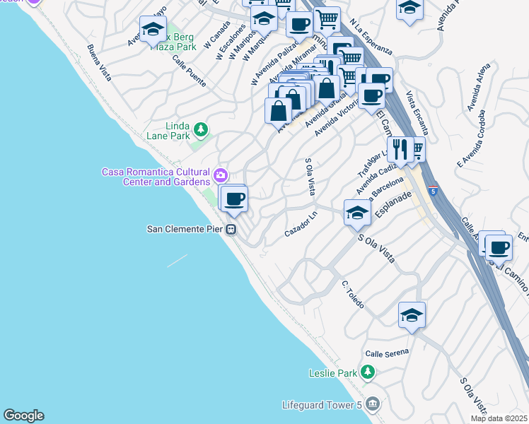 map of restaurants, bars, coffee shops, grocery stores, and more near 504 Monterey Lane in San Clemente