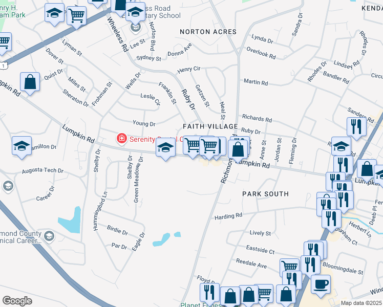 map of restaurants, bars, coffee shops, grocery stores, and more near 2322 Lumpkin Rd in Augusta