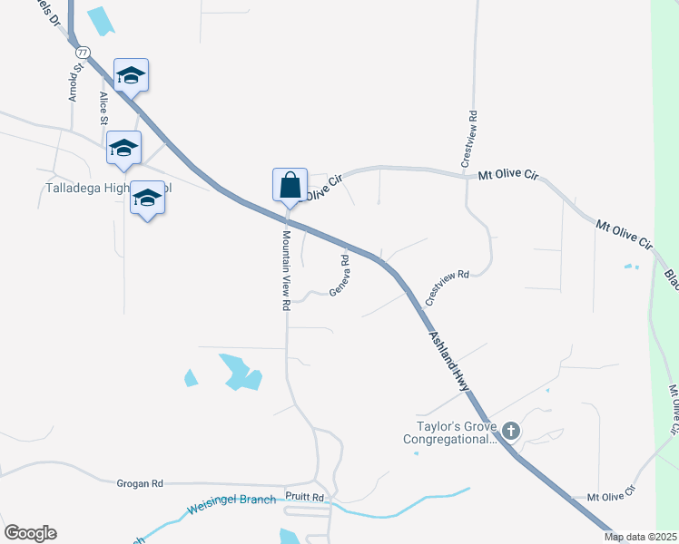 map of restaurants, bars, coffee shops, grocery stores, and more near 1616 Ashland Highway in Talladega