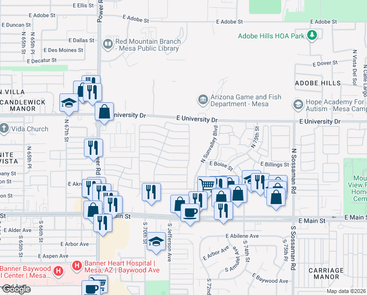 map of restaurants, bars, coffee shops, grocery stores, and more near Edgewood Drive in Mesa