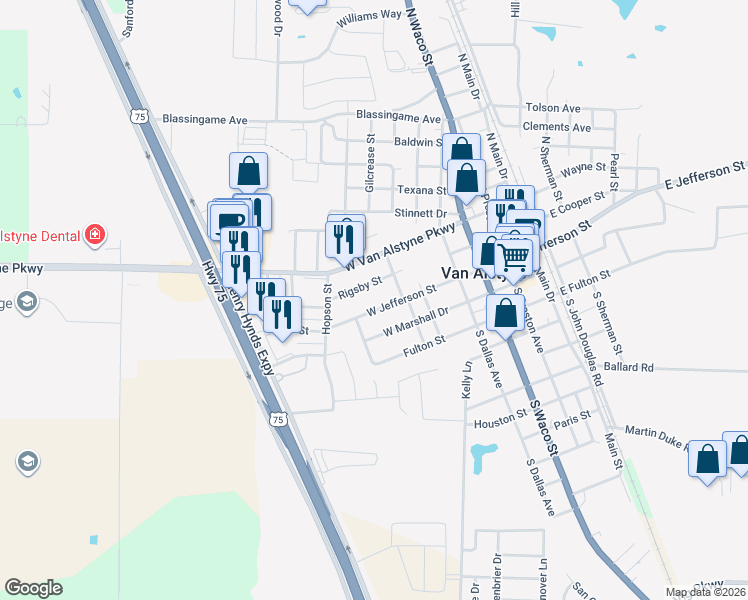 map of restaurants, bars, coffee shops, grocery stores, and more near 477 West Jefferson Street in Van Alstyne