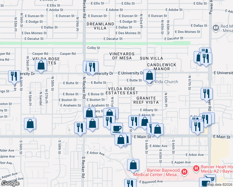 map of restaurants, bars, coffee shops, grocery stores, and more near 224 North 62nd Street in Mesa
