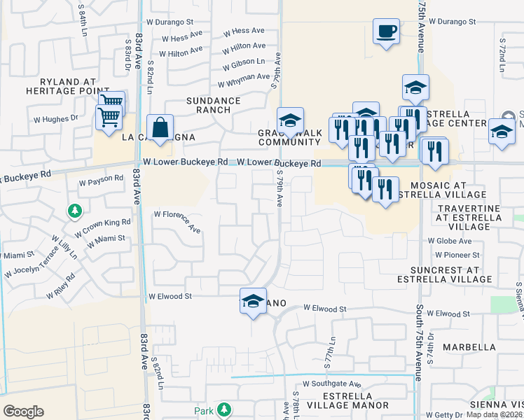 map of restaurants, bars, coffee shops, grocery stores, and more near 7928 West Florence Avenue in Phoenix