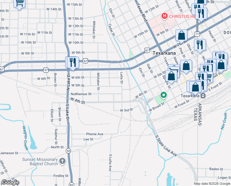 map of restaurants, bars, coffee shops, grocery stores, and more near 1121 Nolthenius Street in Texarkana