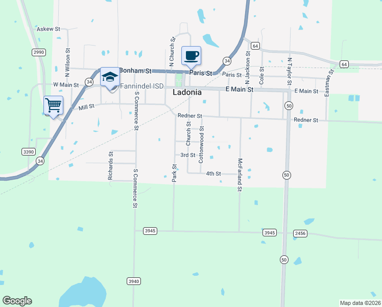 map of restaurants, bars, coffee shops, grocery stores, and more near 501 Church Street in Ladonia
