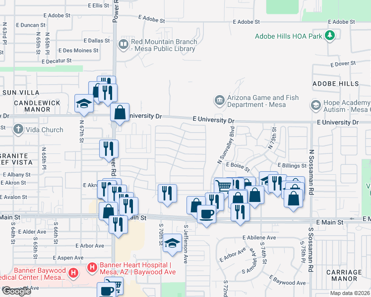 map of restaurants, bars, coffee shops, grocery stores, and more near East 6th Avenue in Mesa