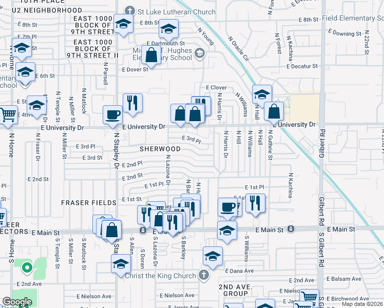 map of restaurants, bars, coffee shops, grocery stores, and more near 1443 East 2nd Place in Mesa