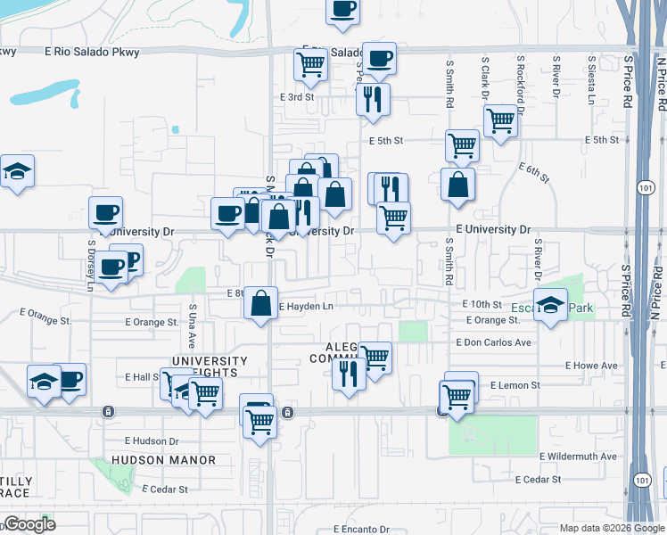 map of restaurants, bars, coffee shops, grocery stores, and more near 1851 East Kirkland Lane in Tempe