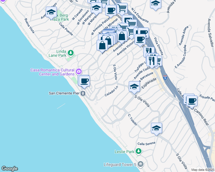 map of restaurants, bars, coffee shops, grocery stores, and more near 501 Elena Lane in San Clemente