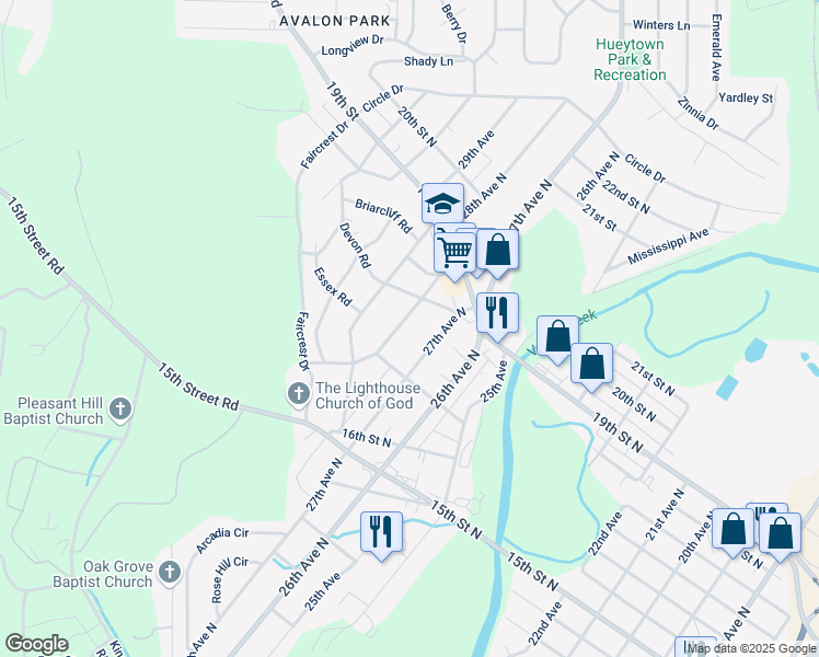 map of restaurants, bars, coffee shops, grocery stores, and more near 1705 28th Avenue North in Bessemer
