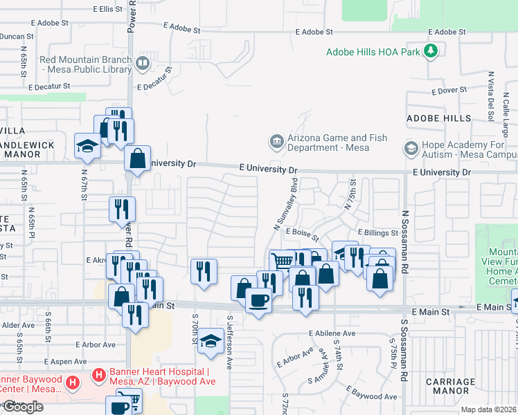 map of restaurants, bars, coffee shops, grocery stores, and more near Edgewood Drive in Mesa