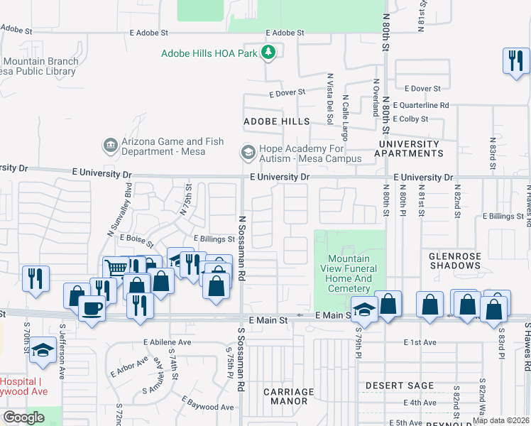 map of restaurants, bars, coffee shops, grocery stores, and more near 7649 East Billings Street in Mesa