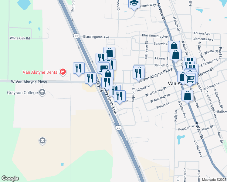 map of restaurants, bars, coffee shops, grocery stores, and more near 719 West Jefferson Street in Van Alstyne