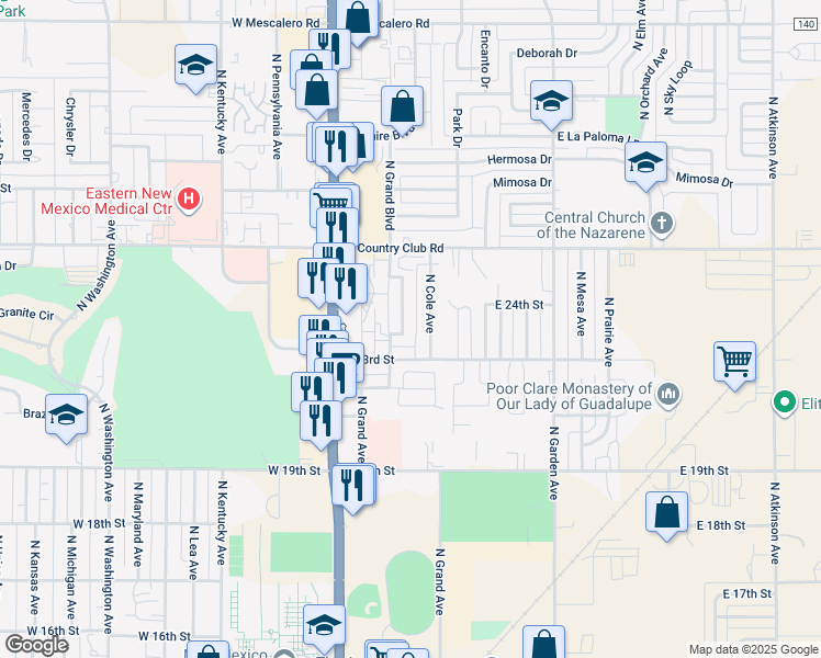 map of restaurants, bars, coffee shops, grocery stores, and more near 2304 North Cole Avenue in Roswell