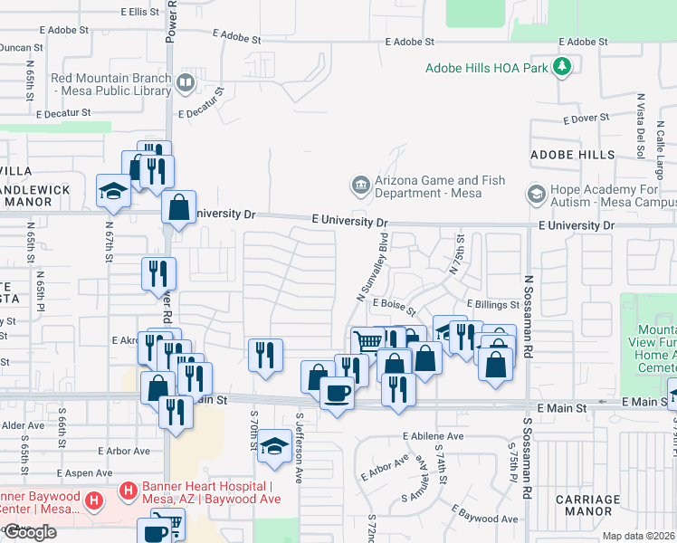 map of restaurants, bars, coffee shops, grocery stores, and more near Edgewood Drive in Mesa