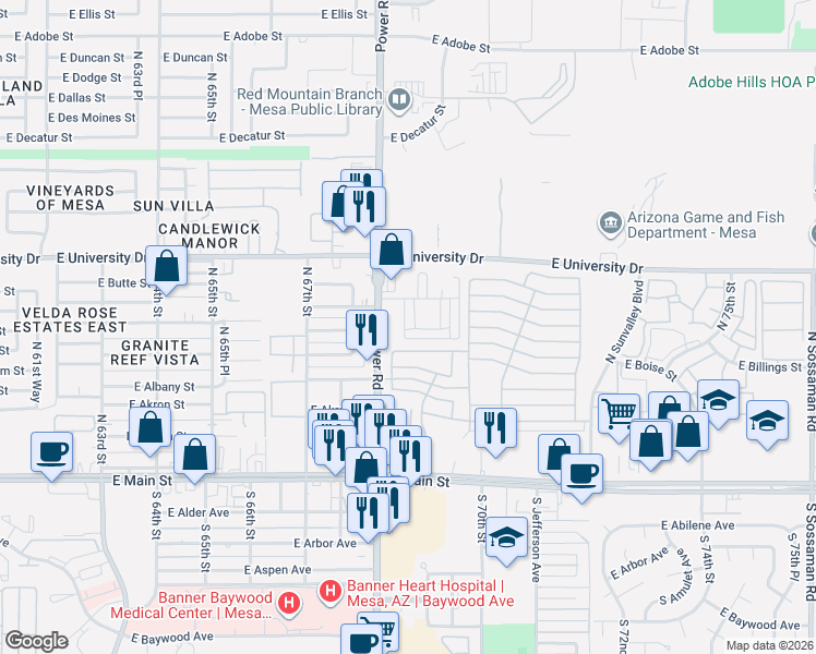 map of restaurants, bars, coffee shops, grocery stores, and more near 238 North Power Road in Mesa