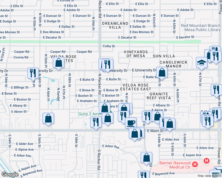 map of restaurants, bars, coffee shops, grocery stores, and more near 6044 East Boston Street in Mesa