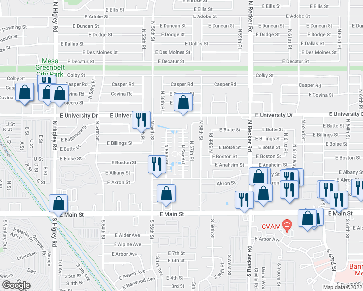 map of restaurants, bars, coffee shops, grocery stores, and more near 229 North Sandal in Mesa