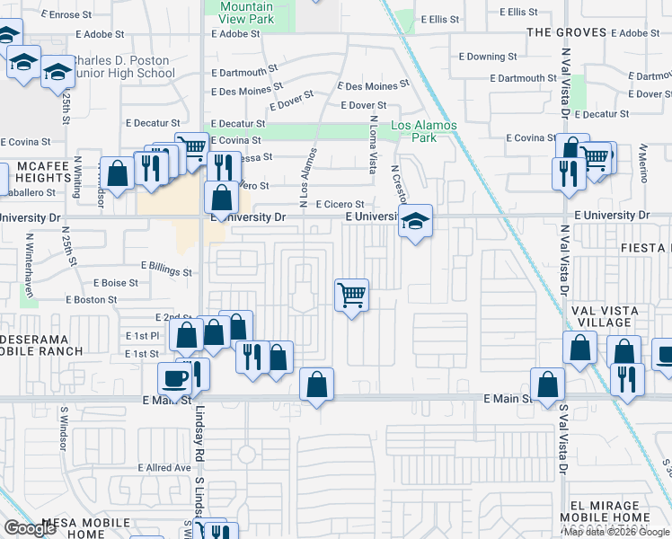 map of restaurants, bars, coffee shops, grocery stores, and more near 3160 East Main Street in Mesa
