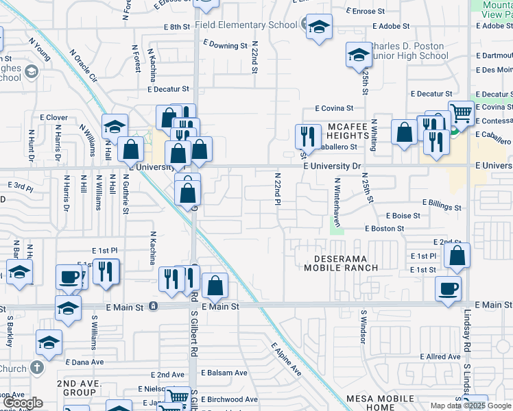 map of restaurants, bars, coffee shops, grocery stores, and more near 220 North 22nd Place in Mesa