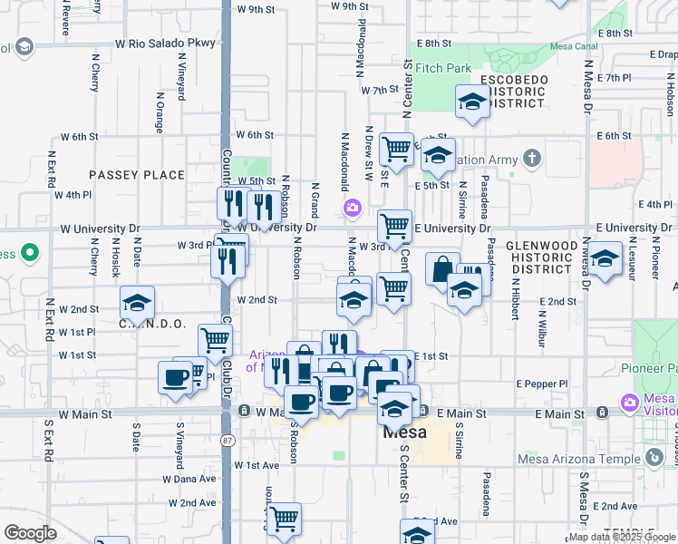 map of restaurants, bars, coffee shops, grocery stores, and more near 207 North Macdonald in Mesa