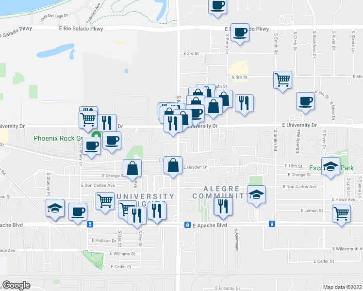map of restaurants, bars, coffee shops, grocery stores, and more near in Tempe