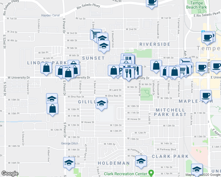 map of restaurants, bars, coffee shops, grocery stores, and more near 1046 West Elna Rae Street in Tempe