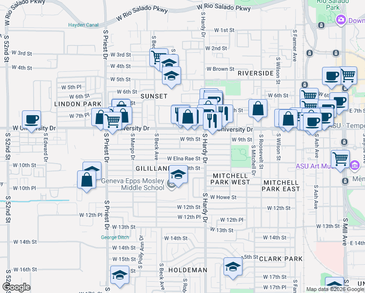 map of restaurants, bars, coffee shops, grocery stores, and more near 1046 West Elna Rae Street in Tempe