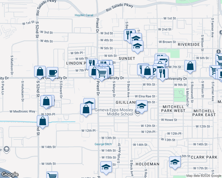 map of restaurants, bars, coffee shops, grocery stores, and more near 1246 West Elna Rae Street in Tempe