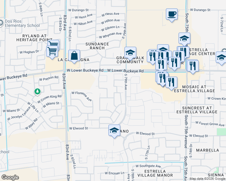 map of restaurants, bars, coffee shops, grocery stores, and more near 7937 West Florence Avenue in Phoenix