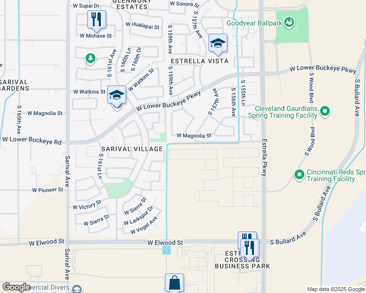 map of restaurants, bars, coffee shops, grocery stores, and more near 15701-15933 West Lower Buckeye Road in Goodyear