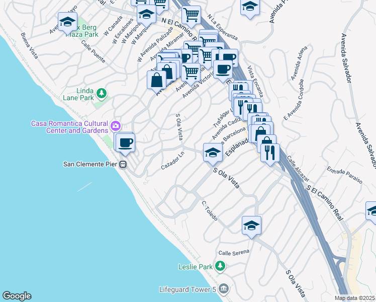 map of restaurants, bars, coffee shops, grocery stores, and more near 207 Trafalgar Lane in San Clemente