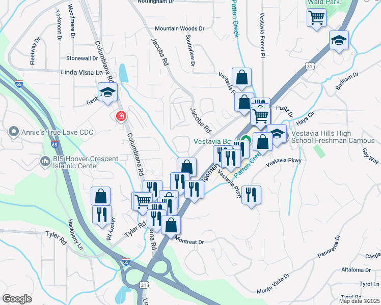 map of restaurants, bars, coffee shops, grocery stores, and more near 3029 Massey Road in Vestavia Hills