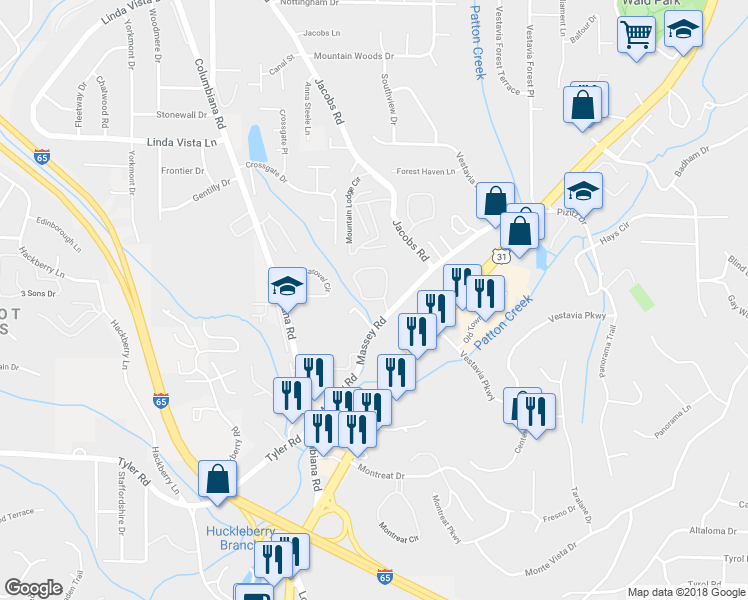 map of restaurants, bars, coffee shops, grocery stores, and more near 2616 Southbury Circle in Vestavia Hills