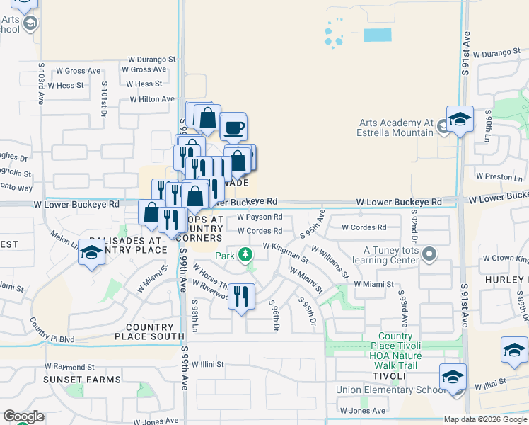 map of restaurants, bars, coffee shops, grocery stores, and more near 9644 West Cordes Road in Tolleson