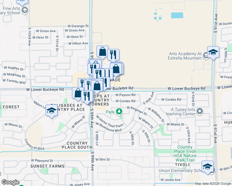 map of restaurants, bars, coffee shops, grocery stores, and more near 9711 West Payson Road in Tolleson