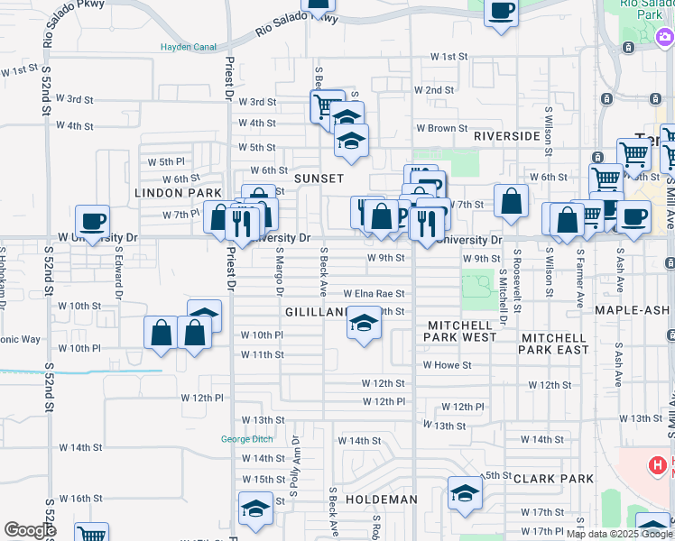 map of restaurants, bars, coffee shops, grocery stores, and more near 1138 West Laird Street in Tempe