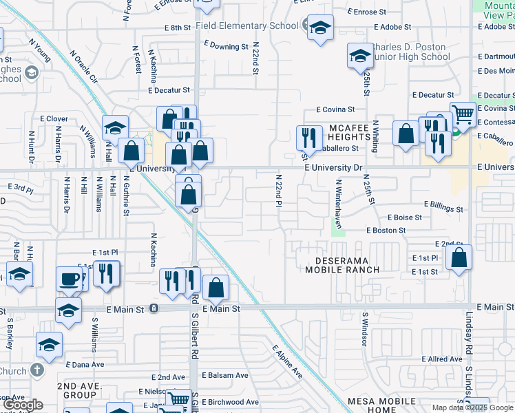 map of restaurants, bars, coffee shops, grocery stores, and more near 220 North 22nd Place in Mesa