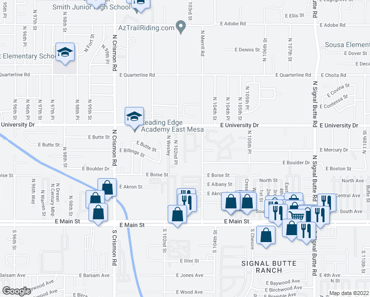 map of restaurants, bars, coffee shops, grocery stores, and more near North 103rd Circle in Mesa