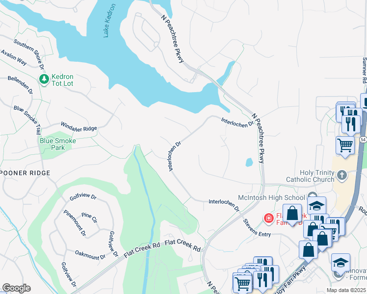map of restaurants, bars, coffee shops, grocery stores, and more near 150 Interlochen Drive in Peachtree City